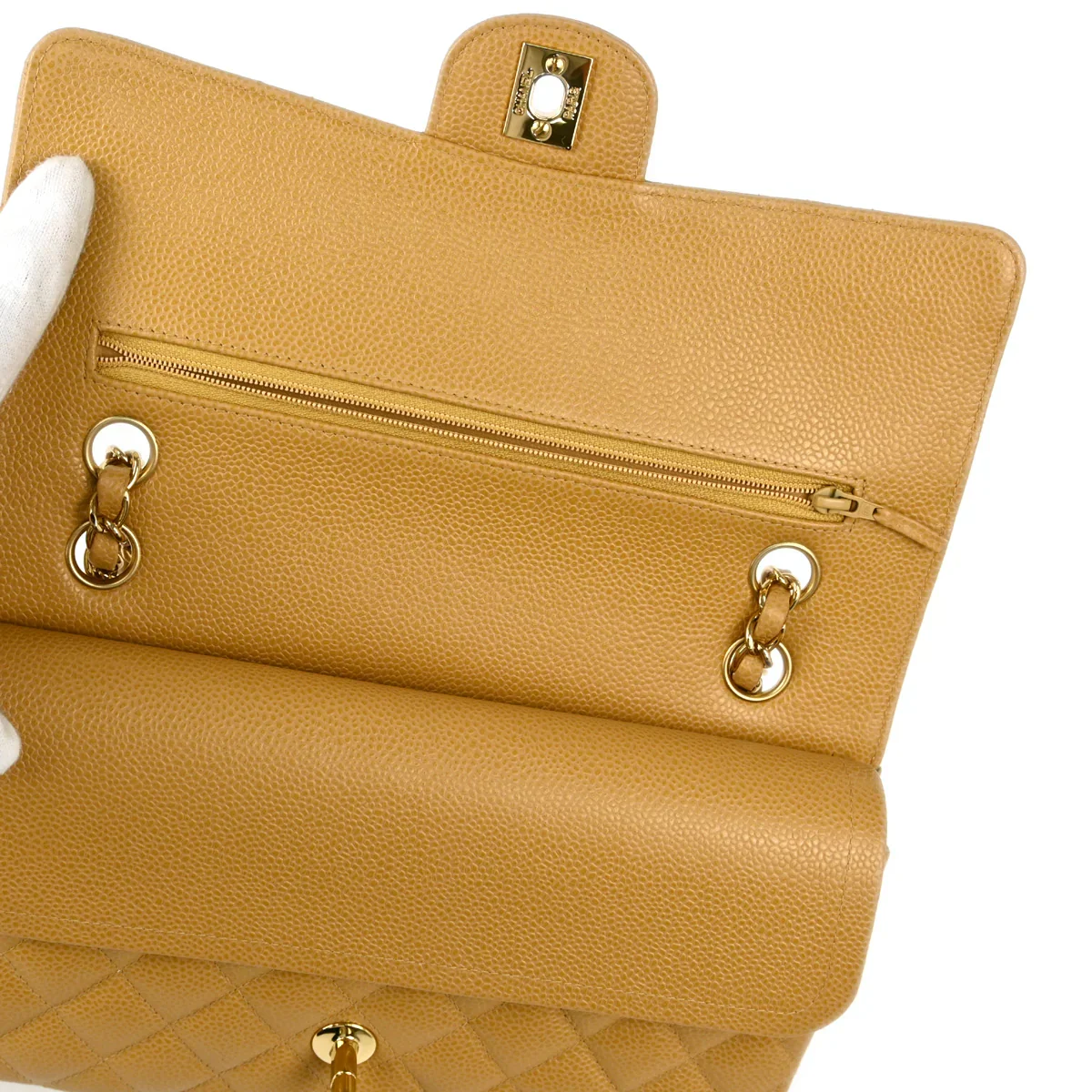 Chanel 2003-2004 Beige Caviar Medium Classic Double Flap Shoulder Bag - Image 7
