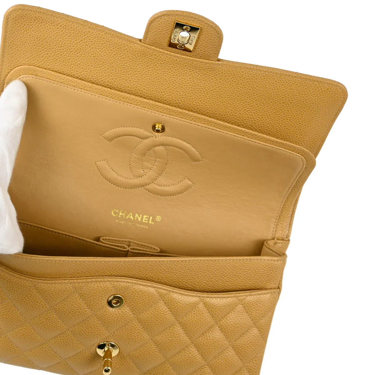 Chanel 2003-2004 Beige Caviar Medium Classic Double Flap Shoulder Bag - Image 8