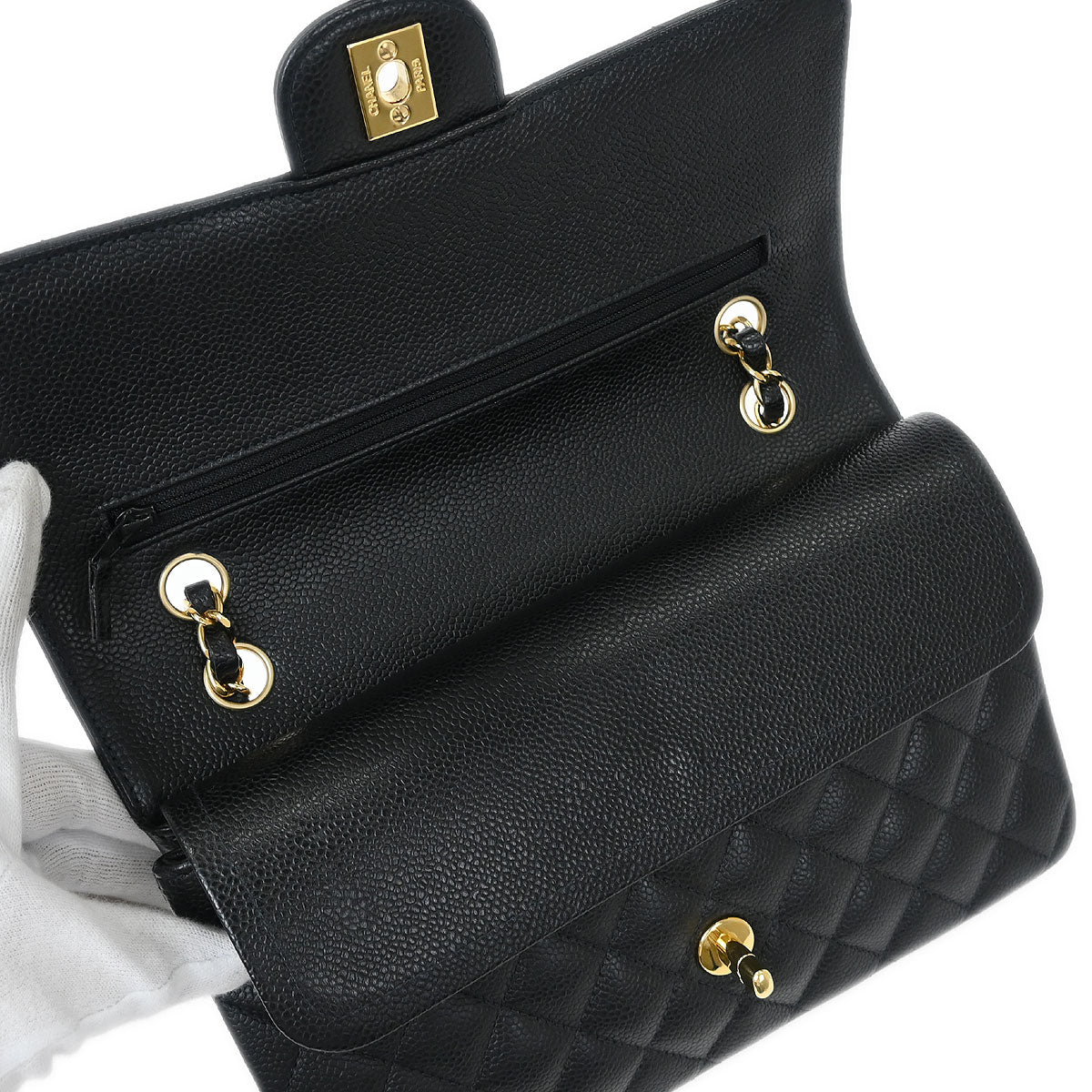 Chanel 2005-2006 Black Caviar Medium Classic Double Flap Shoulder Bag - Image 7