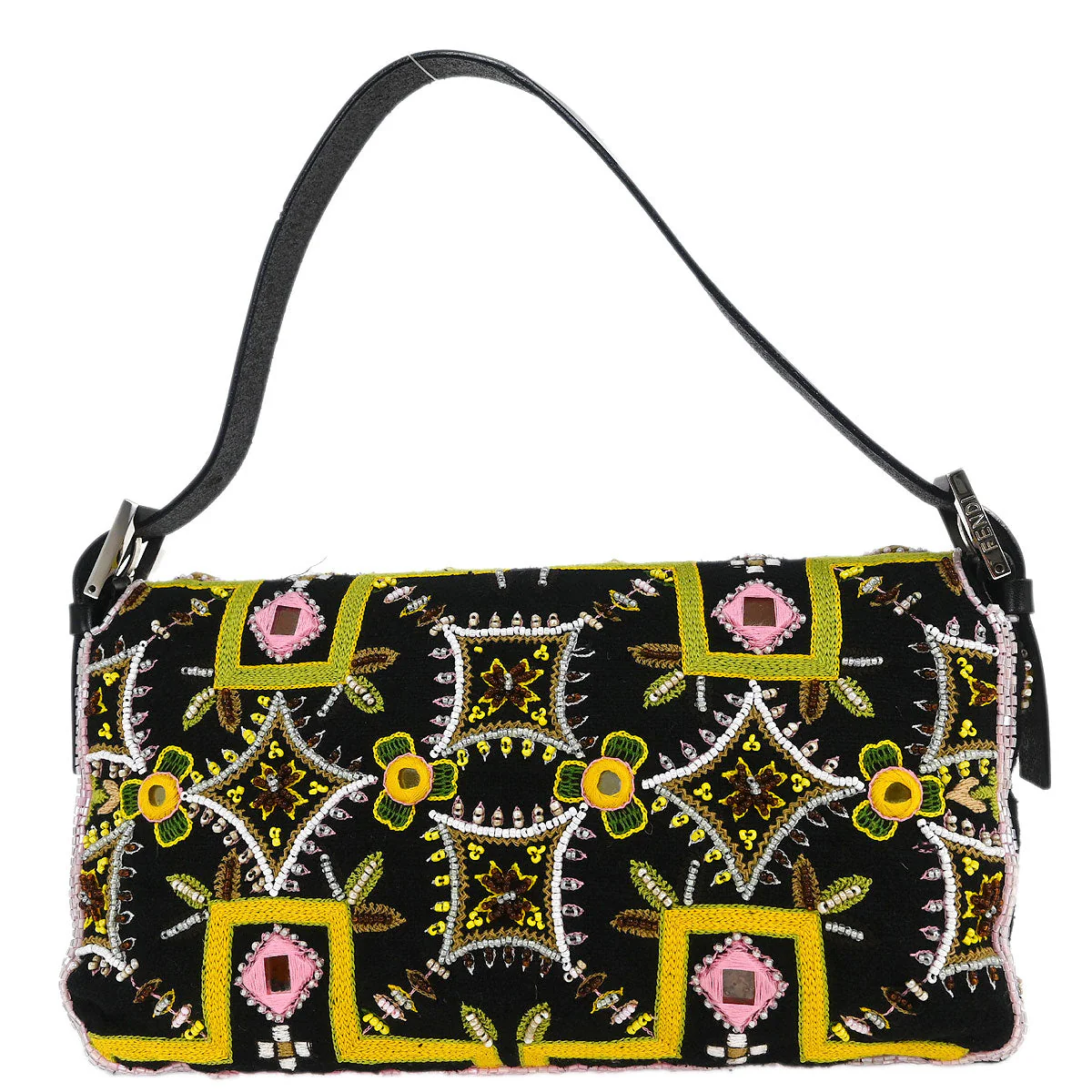 Fendi Black Cotton Beaded Embroidered Baguette Handbag - Image 2
