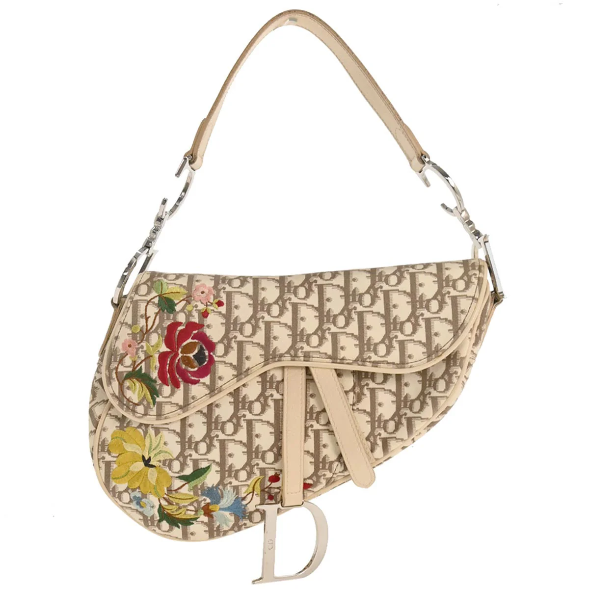 Christian Dior Ivory Embroidered Trotter Saddle Handbag
