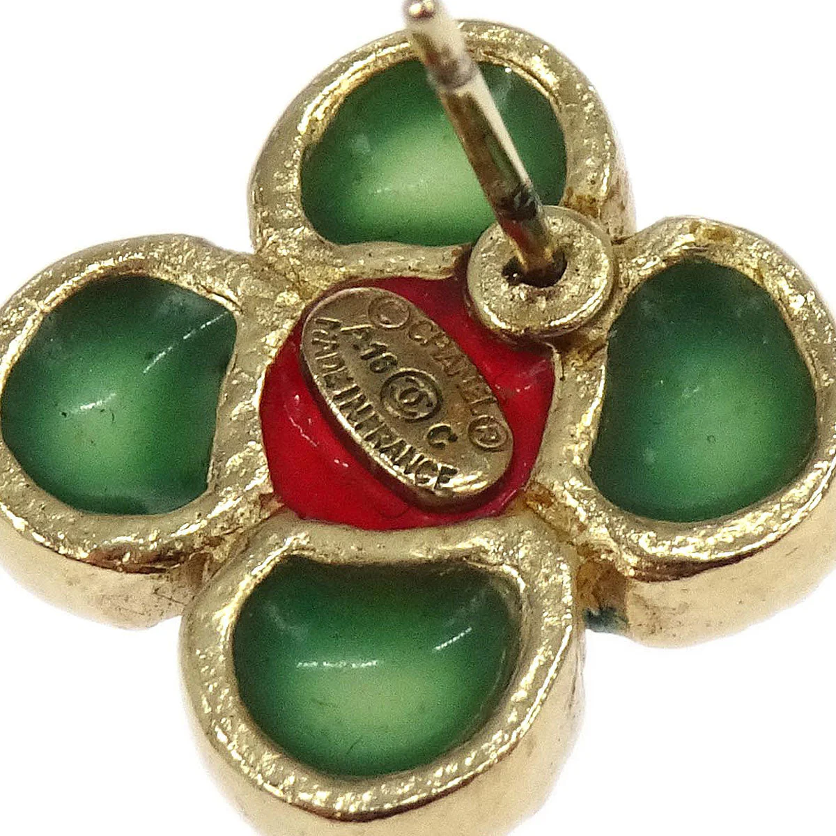 Chanel Pierced Earrings Gold Green Clover A18C - Image 3