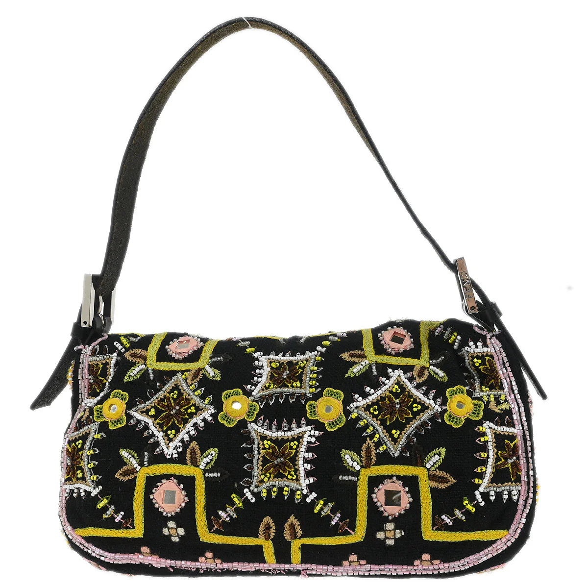 Fendi Black Cotton Beaded Embroidered Baguette Handbag - Image 2