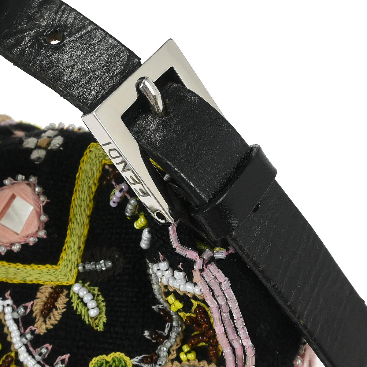 Fendi Black Cotton Beaded Embroidered Baguette Handbag - Image 4