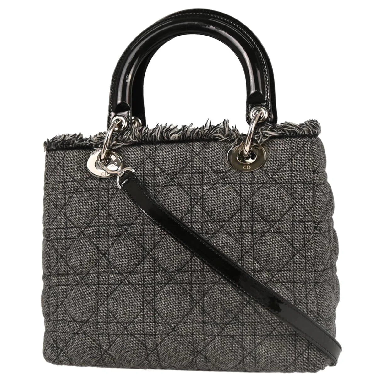 Christian Dior Gray Cotton Medium Lady Dior Cannage 2way Shoulder Handbag - Image 2
