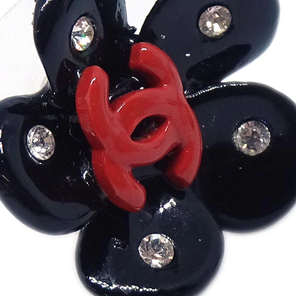 Chanel Camellia Pierced Earrings Black Rhinestone 04P - Image 2