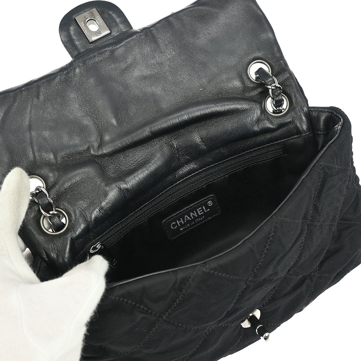 Chanel 2006-2008 Black Nylon Mesh Lambskin Single Flap Shoulder Bag - Image 6