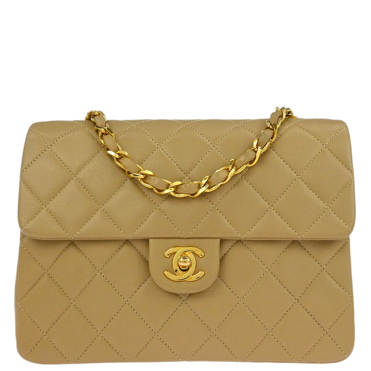 Chanel 1989-1991 Beige Lambskin Classic Square Flap Shoulder Bag 20