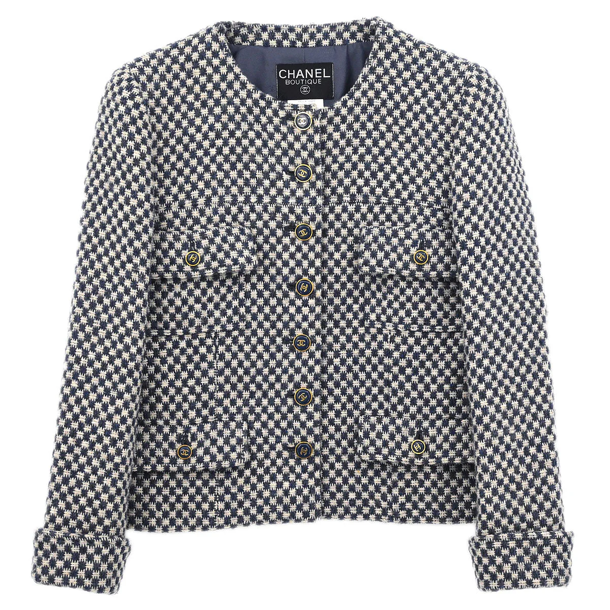Chanel 1995 Single Breasted Collarless Jacket Navy #42