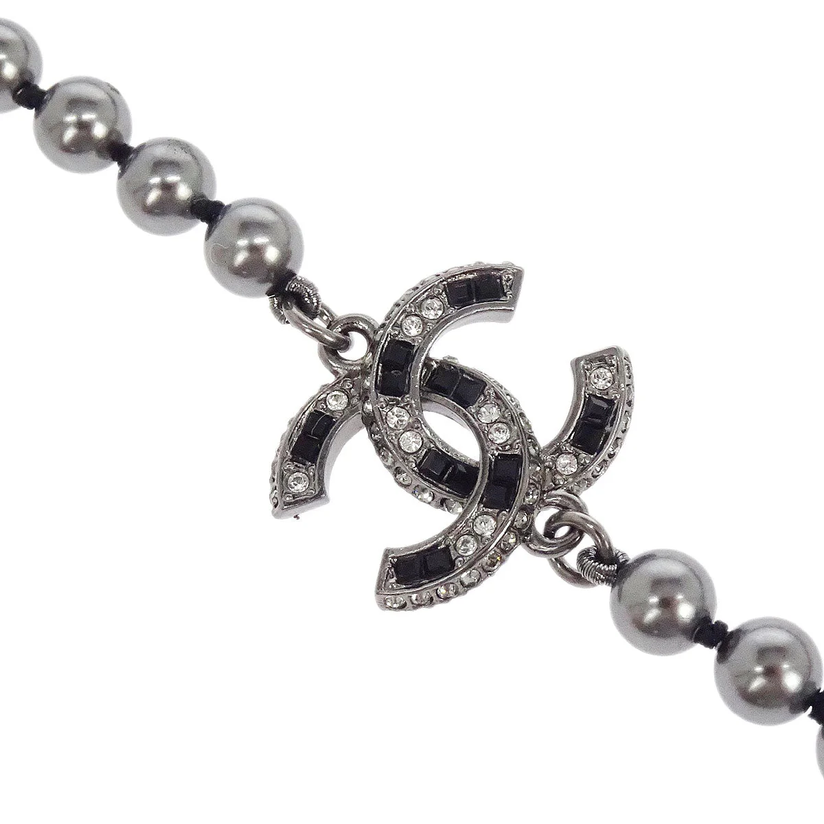 Chanel Chain Necklace Silver Rhinestone Costume Pearl A16V - Image 3