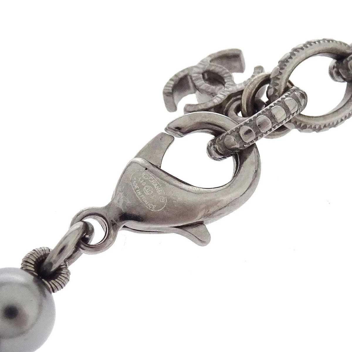 Chanel Chain Necklace Silver Rhinestone Costume Pearl A16V - Image 4