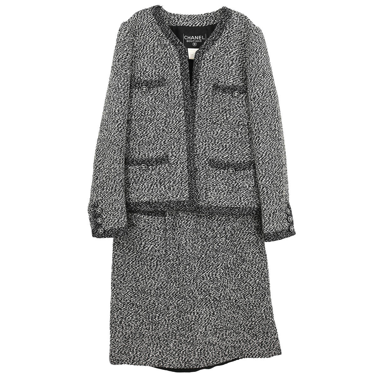Chanel 1997 Tweed Setup Suit Jacket Skirt Black #38