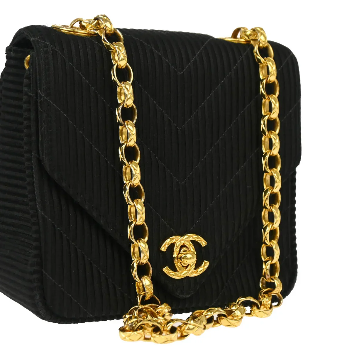 Chanel * 1991-1994 Black Satin Chevron Shoulder Bag - Image 3
