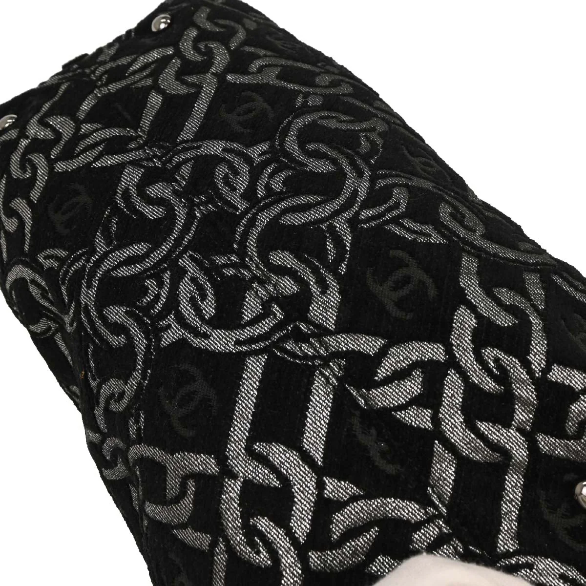 Chanel 2005-2006 Black Silver Cotton Jacquard Chain Handbag - Image 5