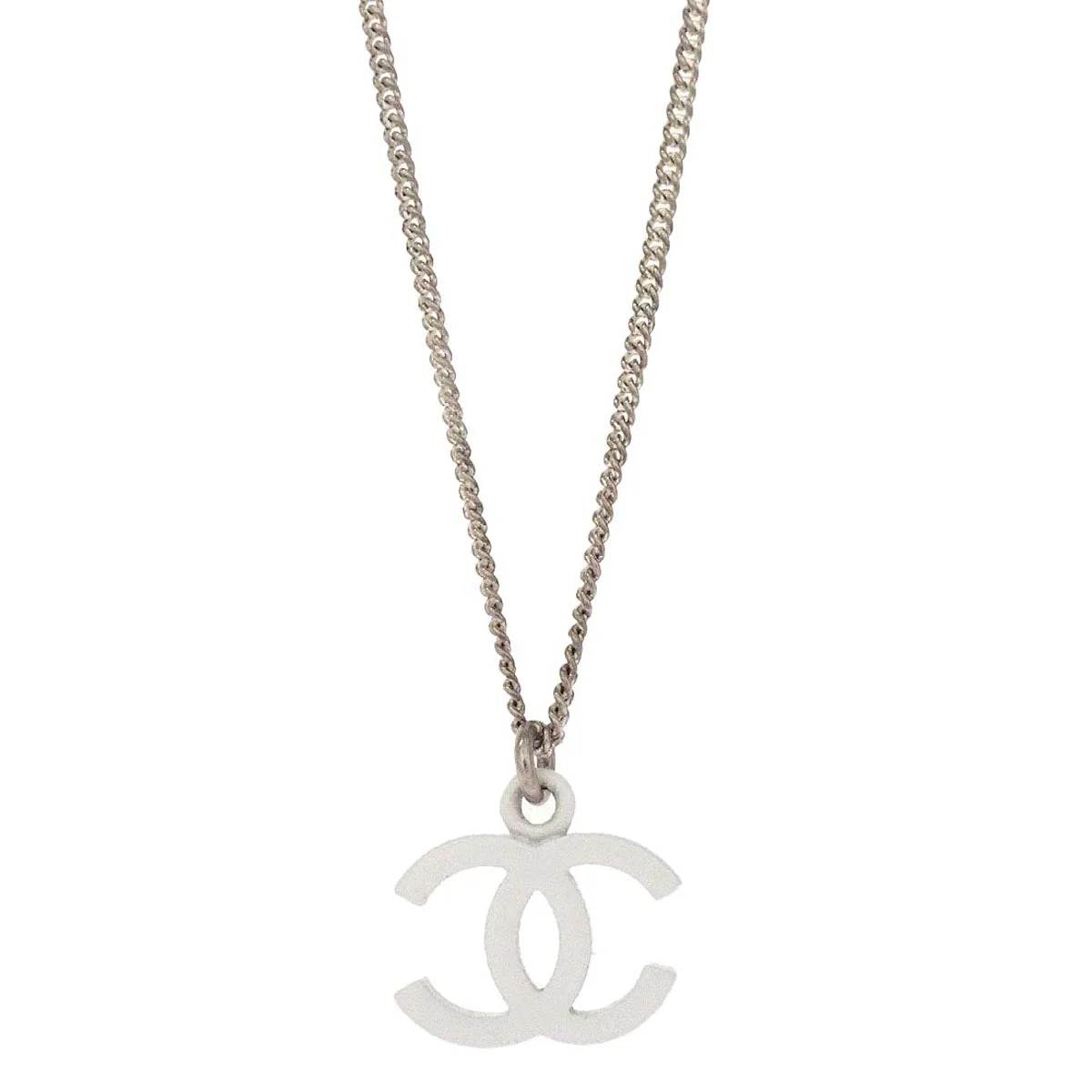 Chanel CC Chain Pendant Necklace Silver White 04C