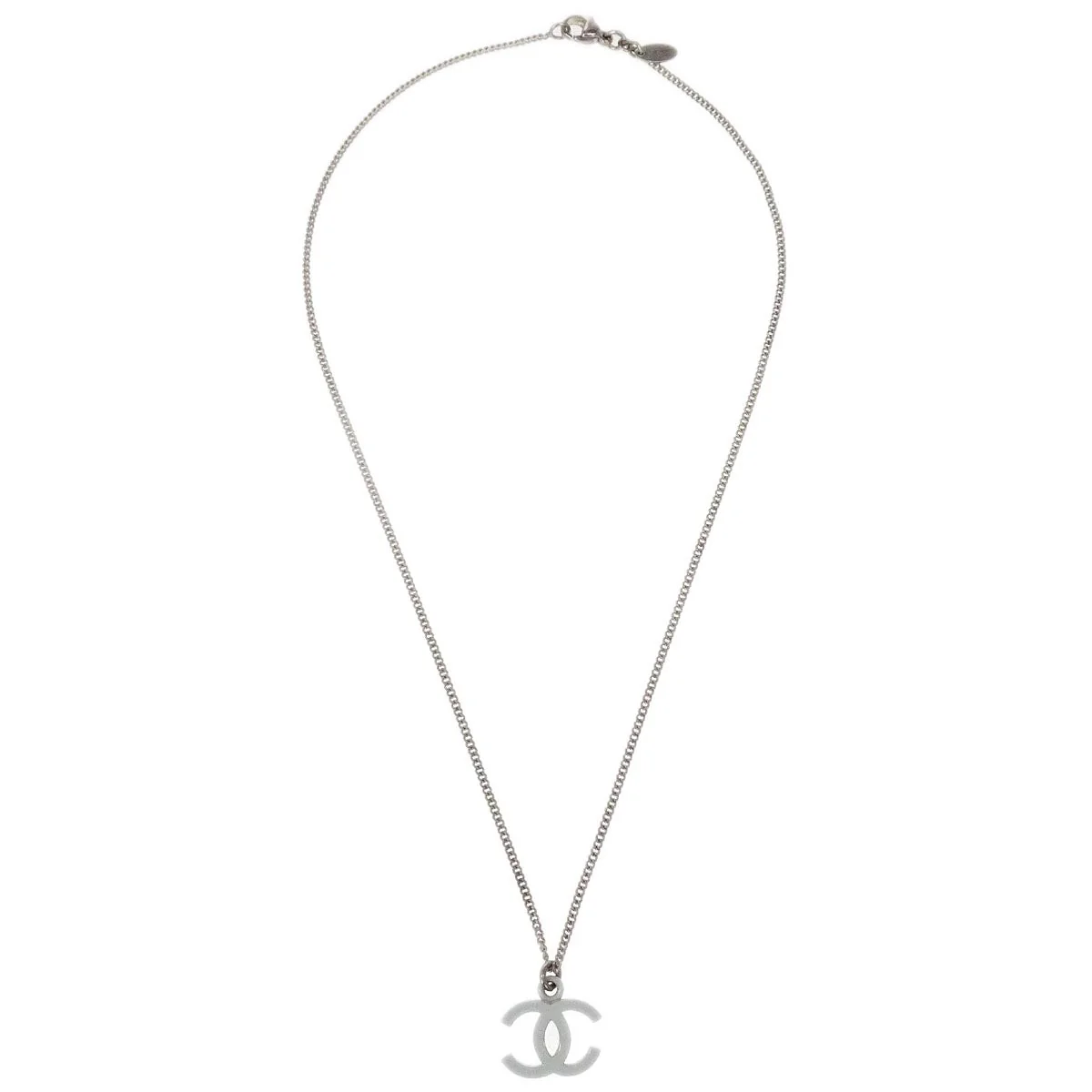 Chanel CC Chain Pendant Necklace Silver White 04C - Image 2