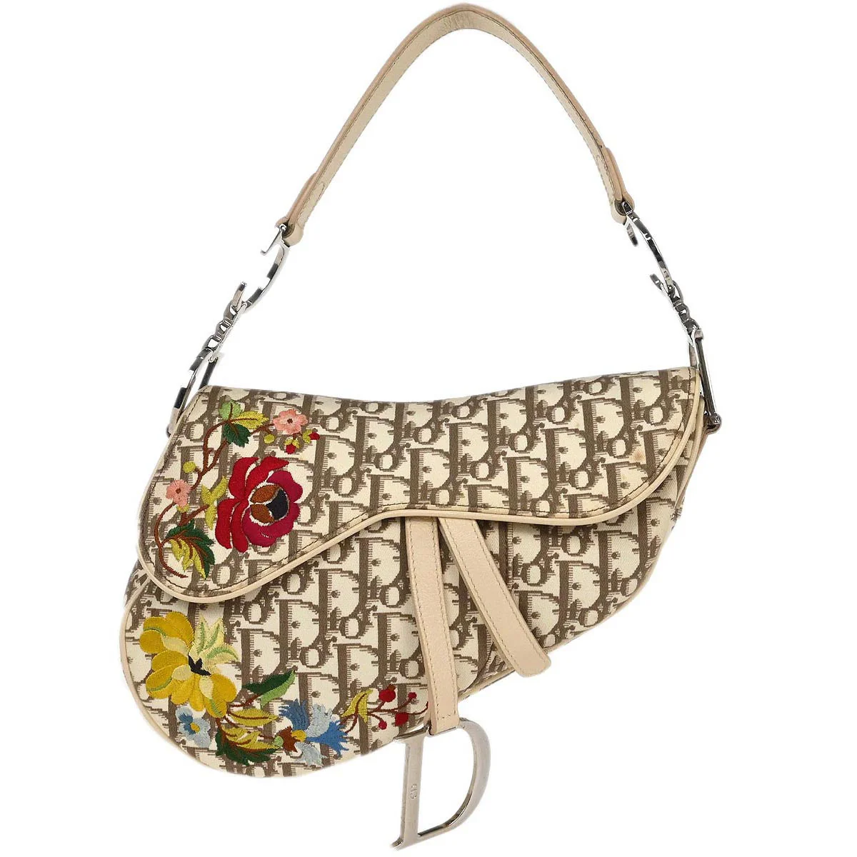 Christian Dior Ivory Embroidered Trotter Saddle Handbag