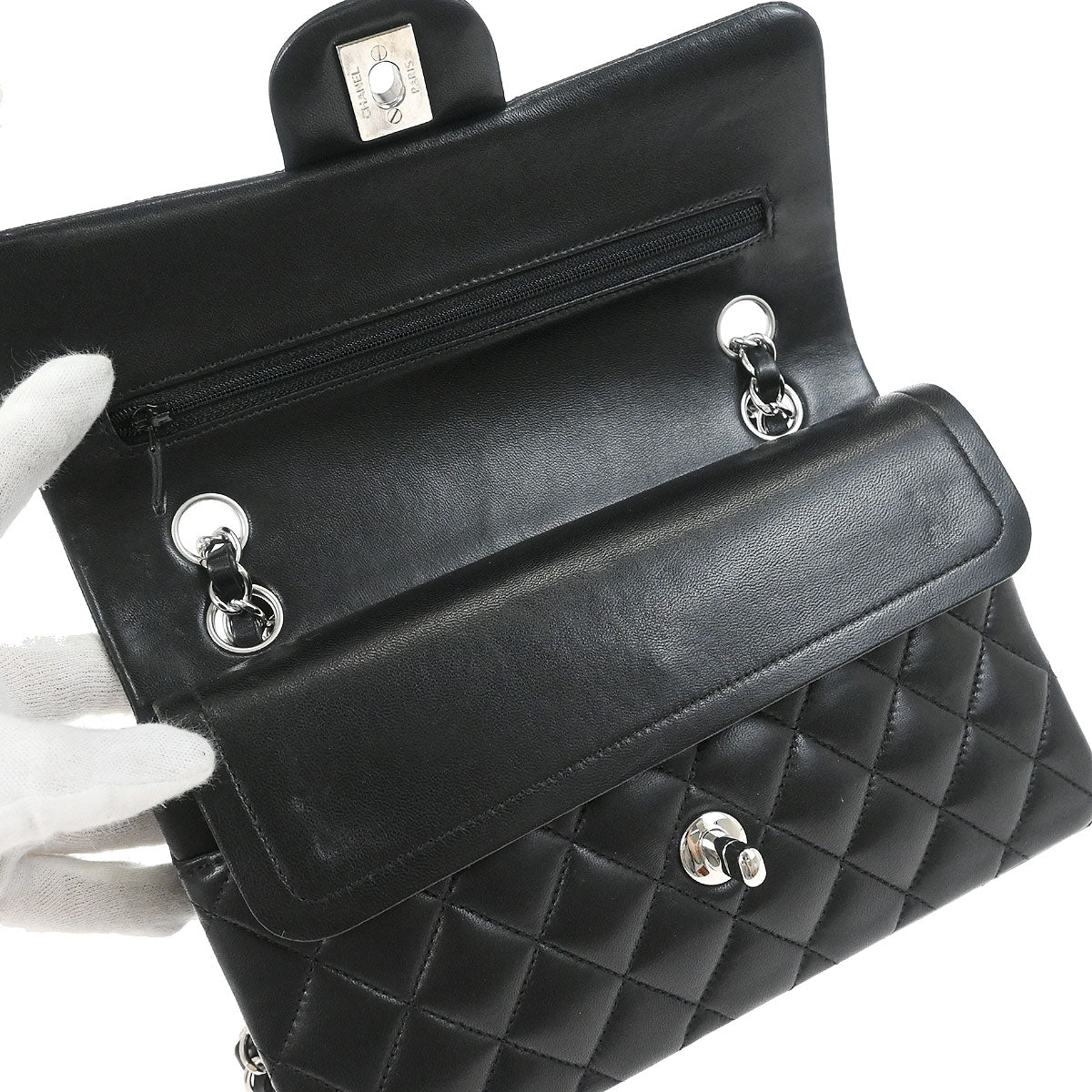 Chanel 2012 Black Lambskin Small Classic Double Flap Shoulder Bag - Image 6