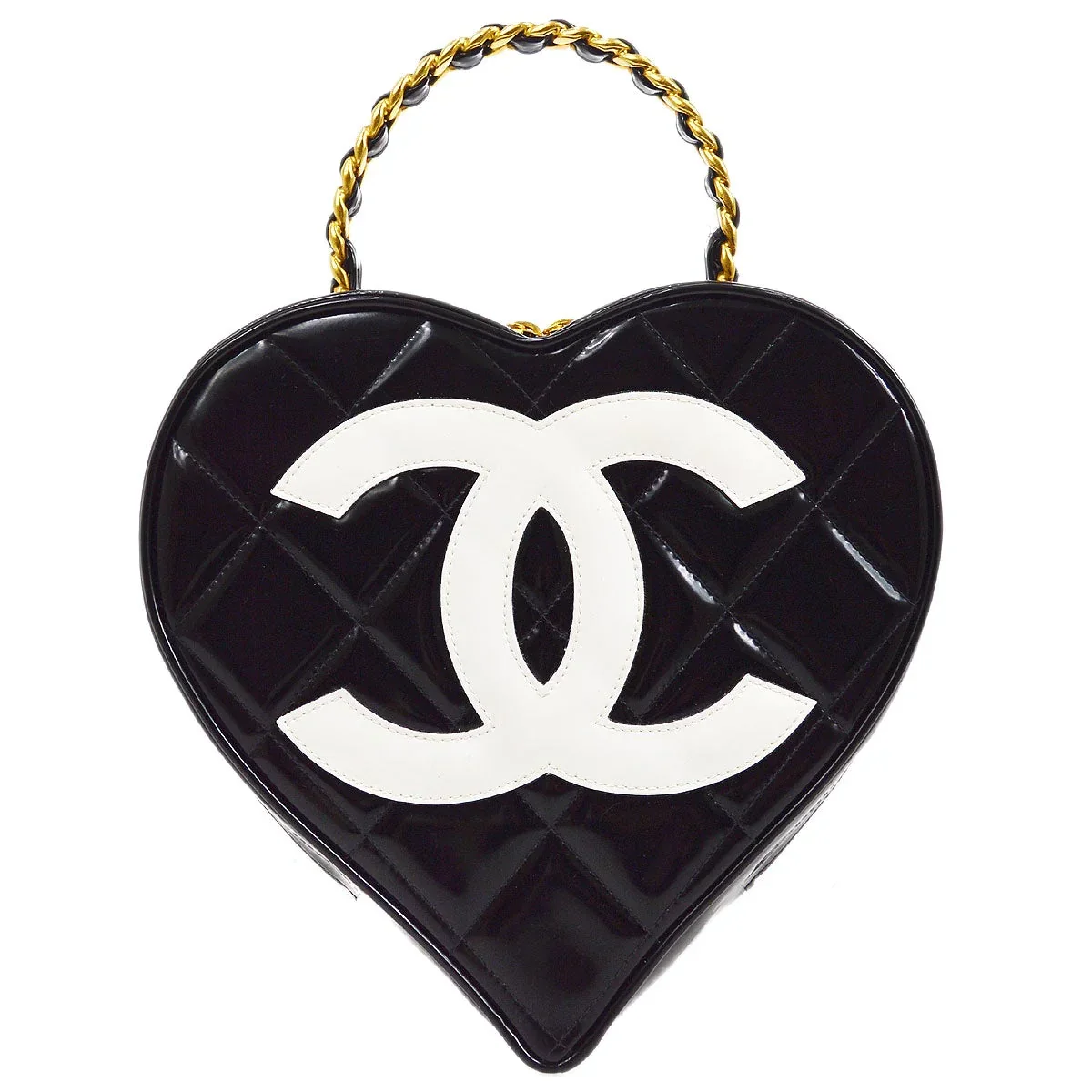 CHANEL * 1995-1996 Black Patent Leather Heart Top Handle Bag