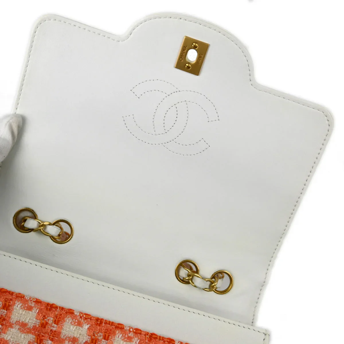 Chanel 2000-2002 White Orange Tweed Single Flap Shoulder Bag - Image 6