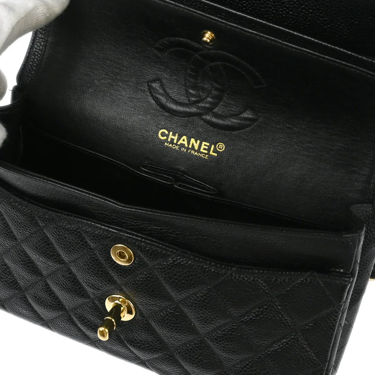 Chanel 2002-2003 Black Caviar Small Classic Double Flap Shoulder Bag - Image 7