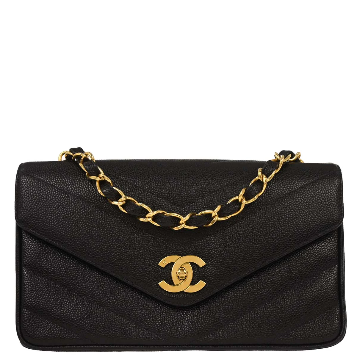 Chanel 1994-1996 Black Caviar Chevron Shoulder Bag