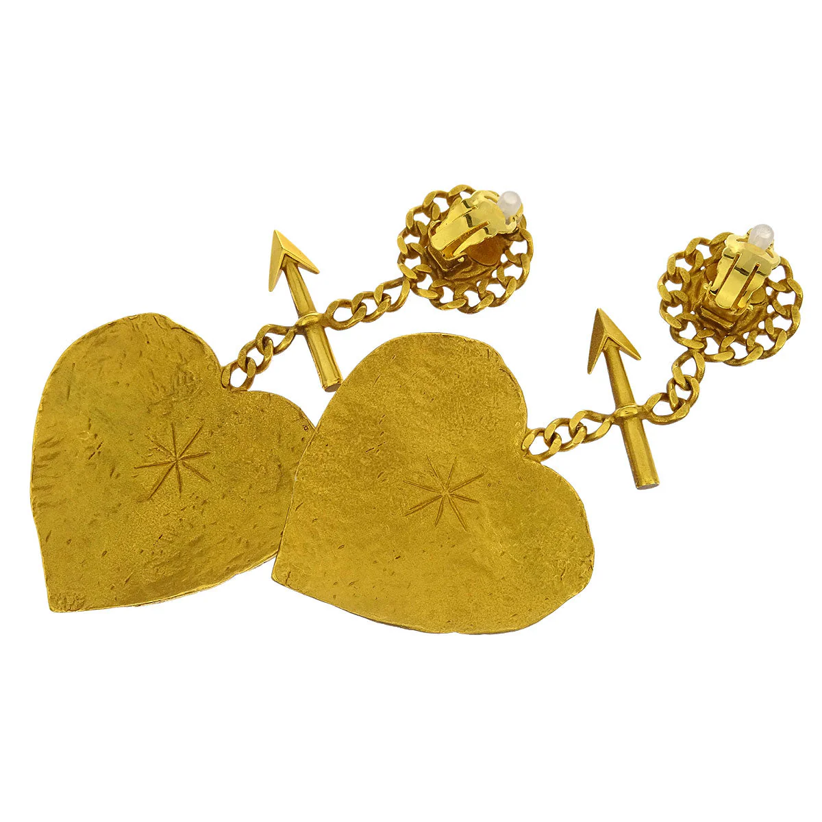 Chanel Dangle Heart Arrow Earrings Gold Clip-On 93P - Image 3