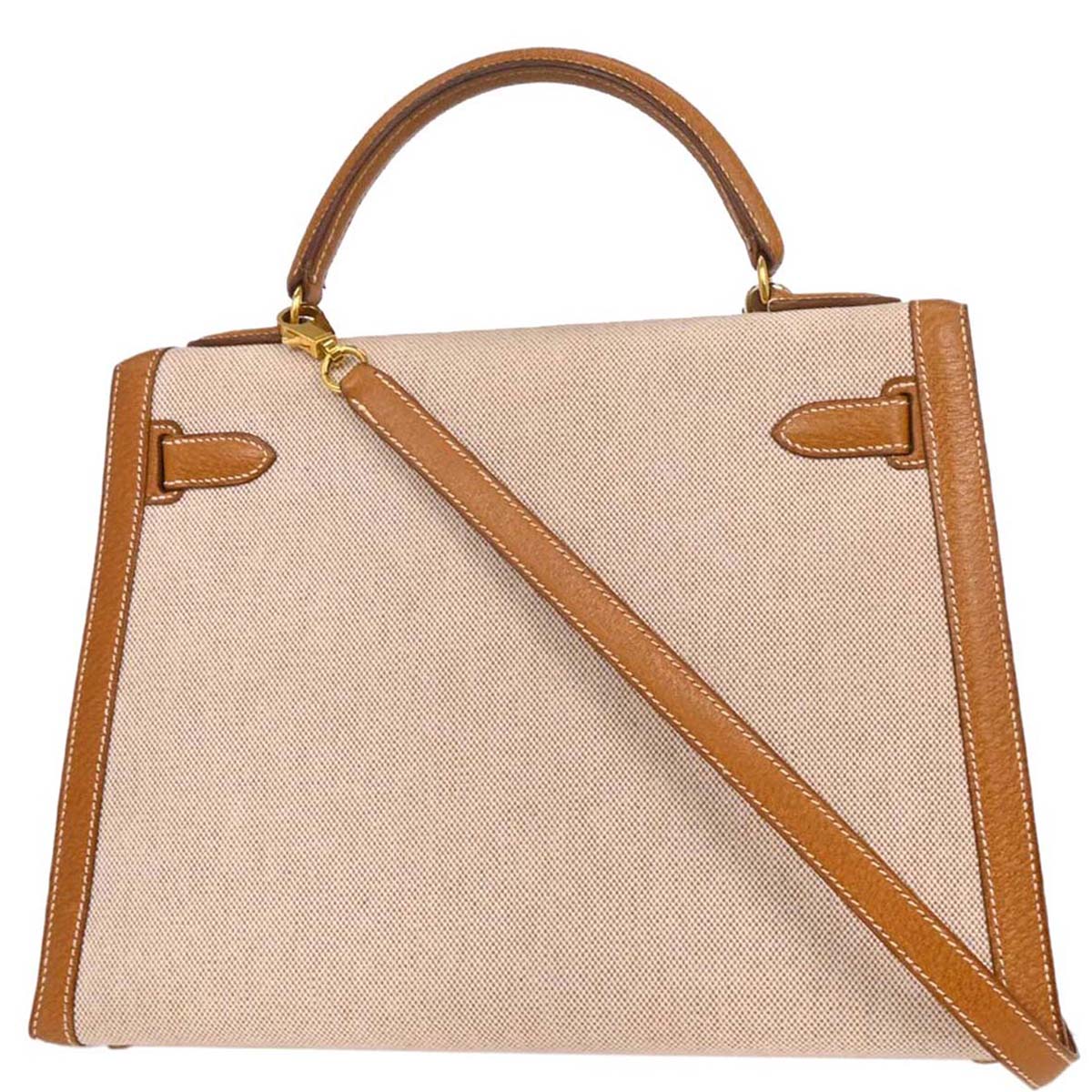 Hermes Beige Gold Toile H Pigskin Kelly 32 Sellier Handbag - Image 2