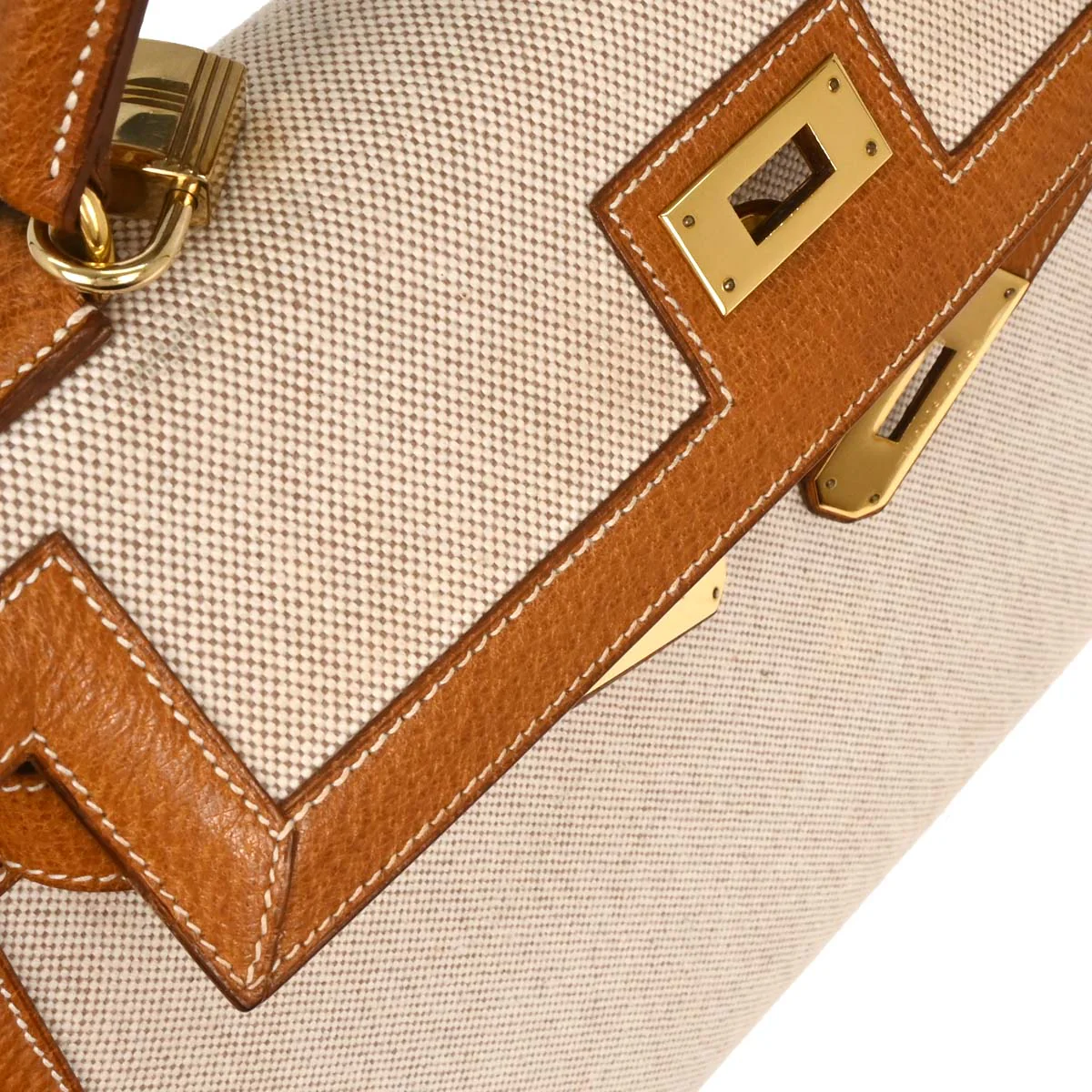 Hermes Beige Gold Toile H Pigskin Kelly 32 Sellier Handbag - Image 5