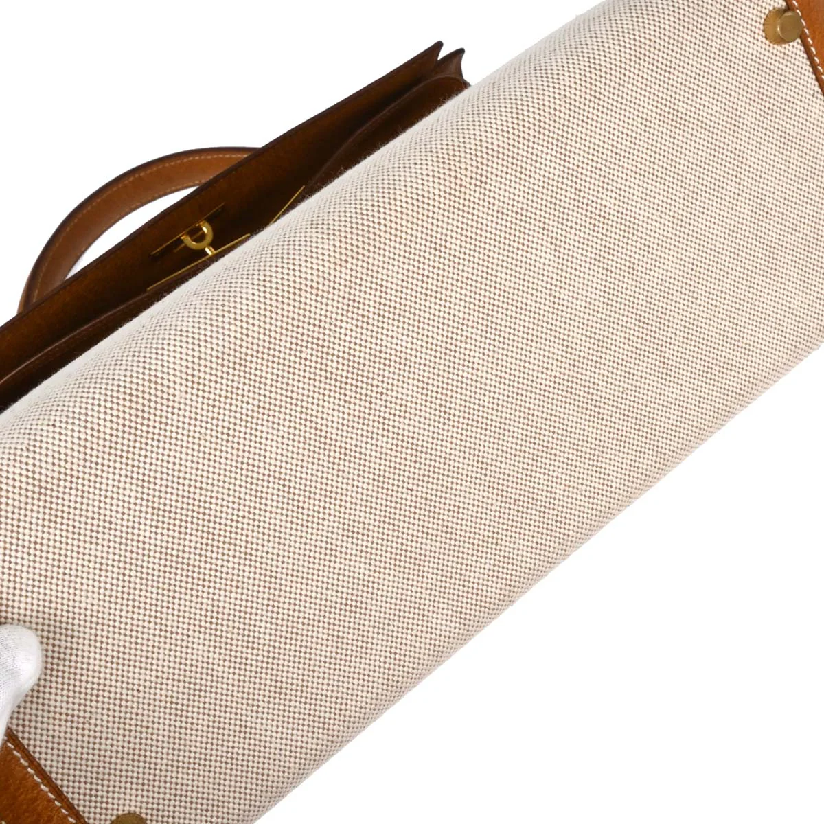 Hermes Beige Gold Toile H Pigskin Kelly 32 Sellier Handbag - Image 6