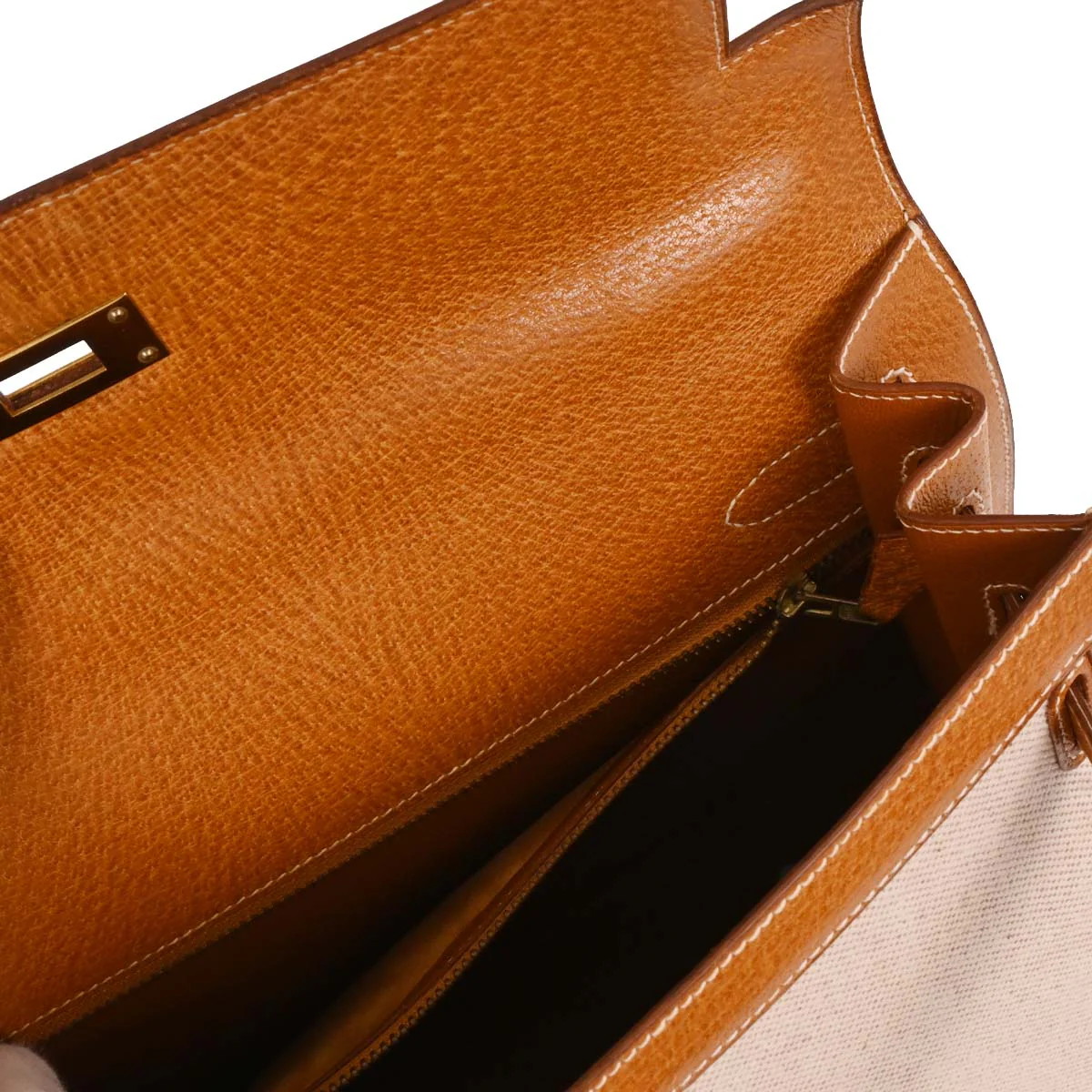 Hermes Beige Gold Toile H Pigskin Kelly 32 Sellier Handbag - Image 8