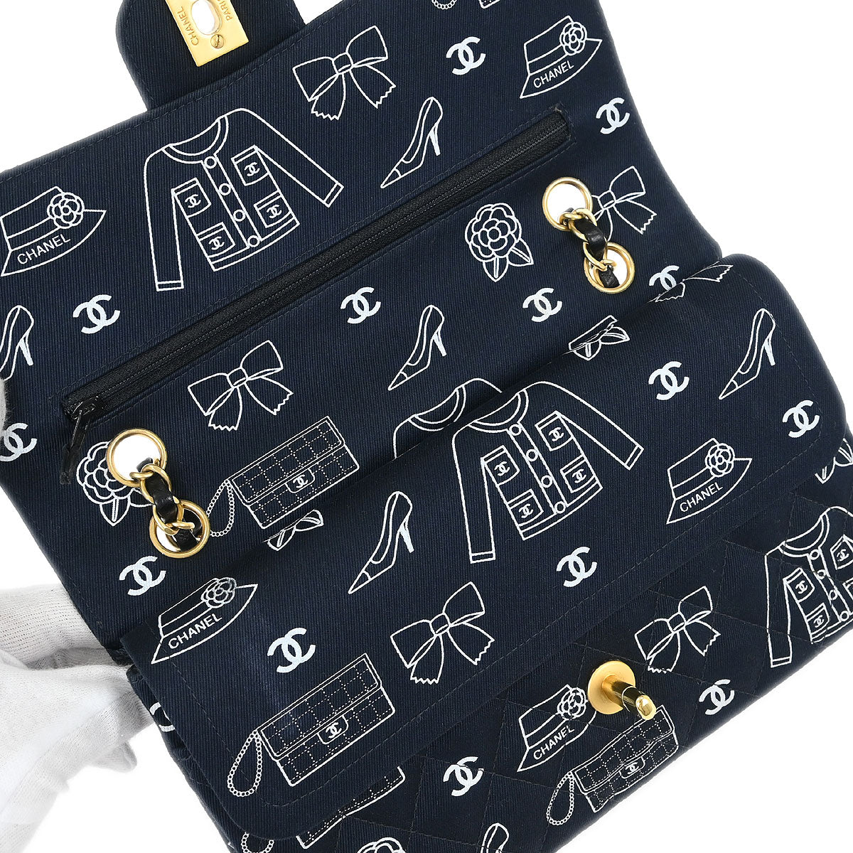 Chanel 2001-2003 Navy Canvas Icon Medium Classic Double Flap Shoulder Bag - Image 7