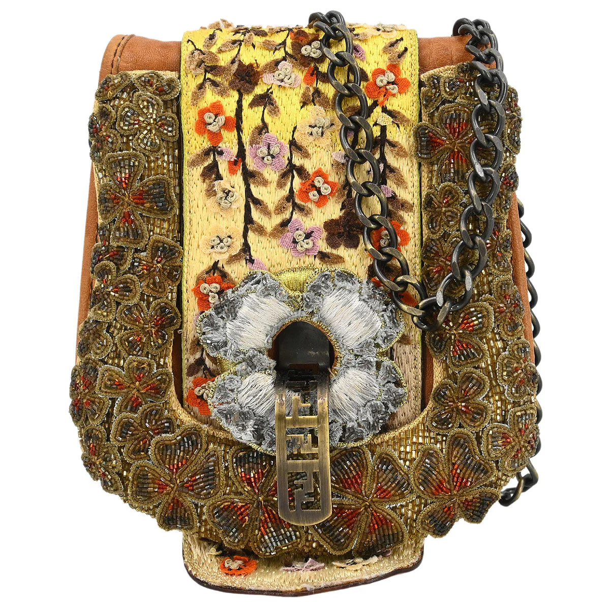 Fendi Brown Flower Motif Beaded Shoulder Bag