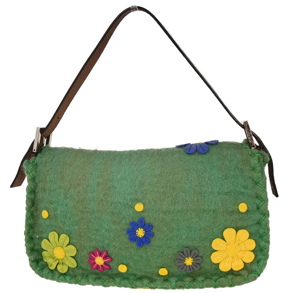 Fendi Green Wool Floral Baguette Handbag - Image 2
