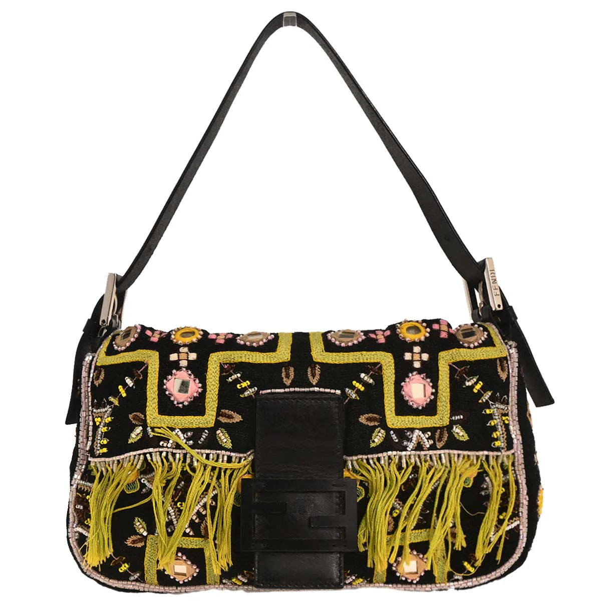 Fendi Black Cotton Beaded Embroidered Baguette Handbag