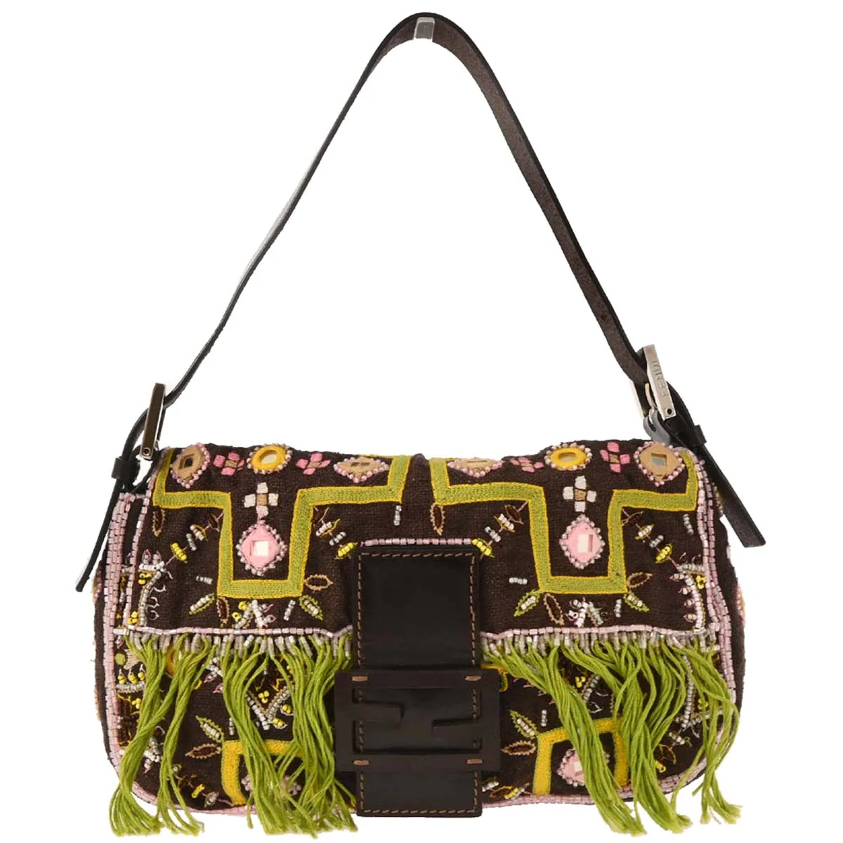 Fendi Brown Cotton Beaded Embroidered Baguette Handbag