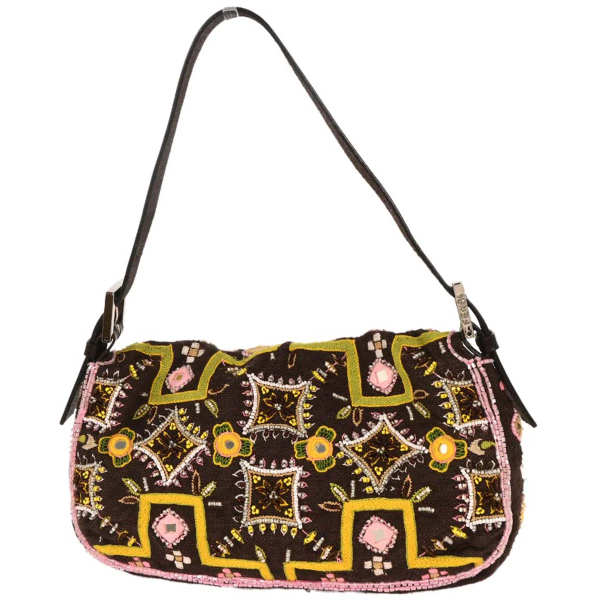 Fendi Brown Cotton Beaded Embroidered Baguette Handbag - Image 2
