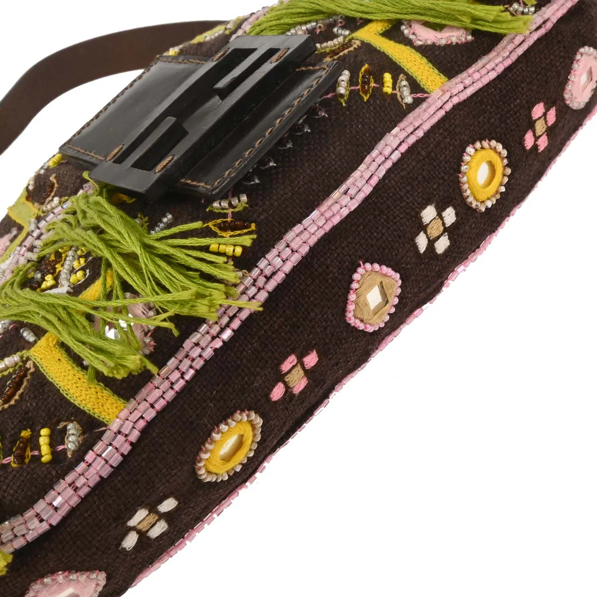 Fendi Brown Cotton Beaded Embroidered Baguette Handbag - Image 3