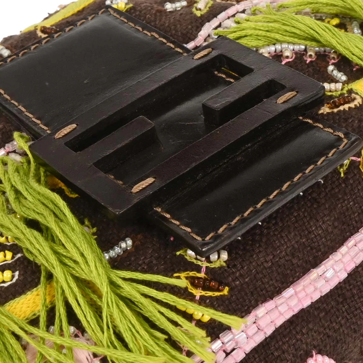 Fendi Brown Cotton Beaded Embroidered Baguette Handbag - Image 4