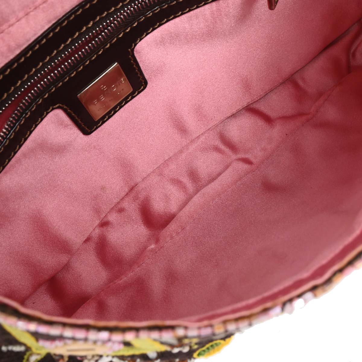 Fendi Brown Cotton Beaded Embroidered Baguette Handbag - Image 7