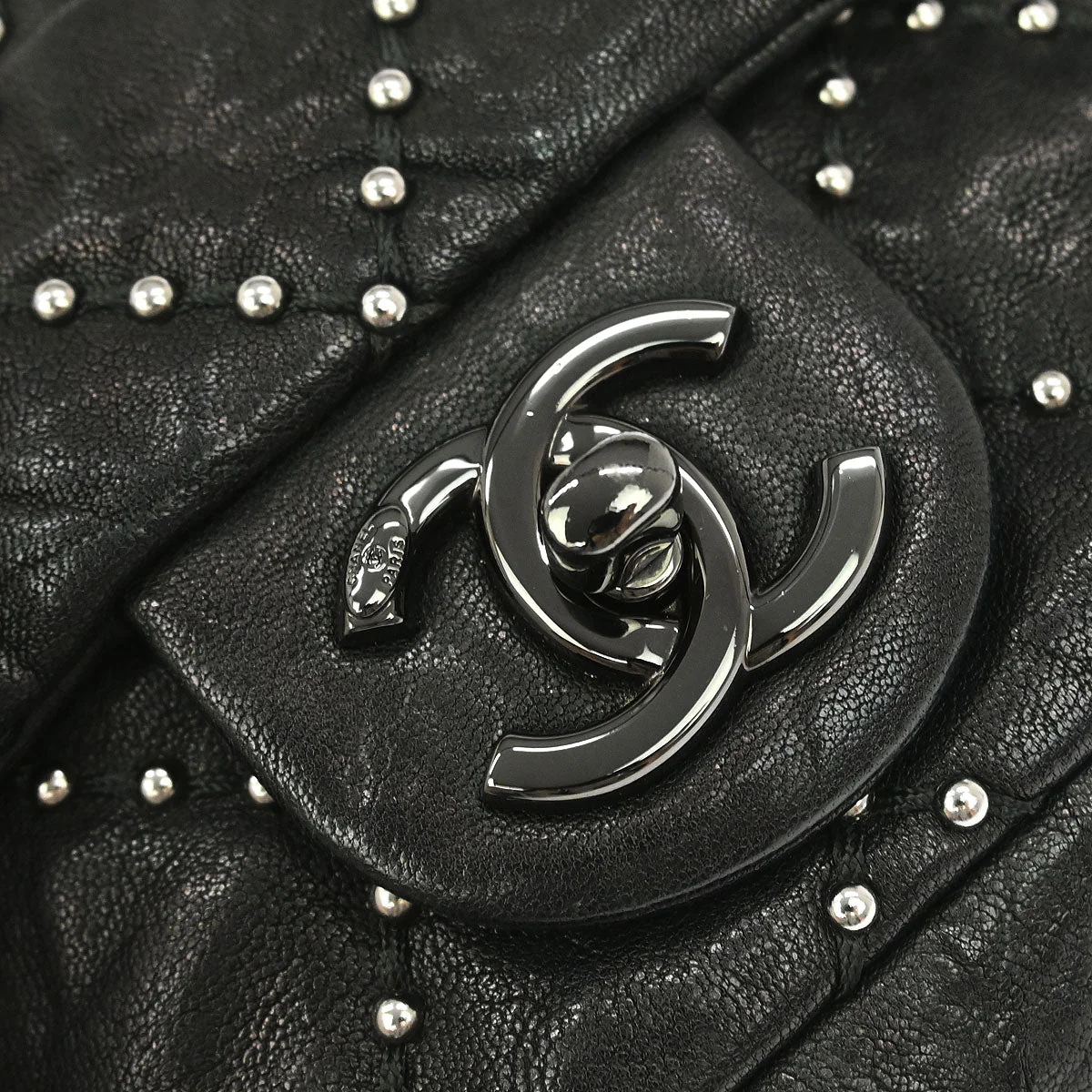 Chanel 2014 Black Calfskin Studded Single Flap Shoulder Bag - Image 4