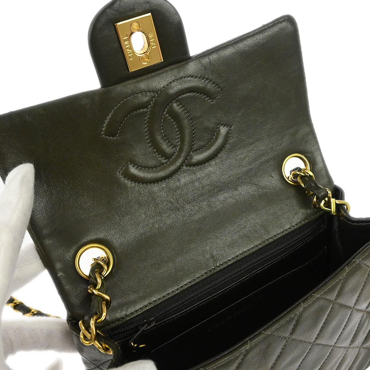 Chanel 1991-1994 Dark Green Lambskin Mini Classic Square Flap Shoulder Bag 17 - Image 6