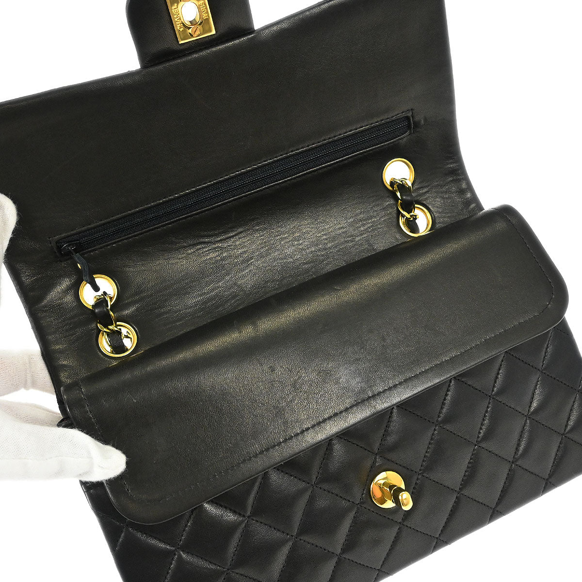 Chanel 1991-1994 Black Lambskin Medium Classic Double Flap Shoulder Bag - Image 6