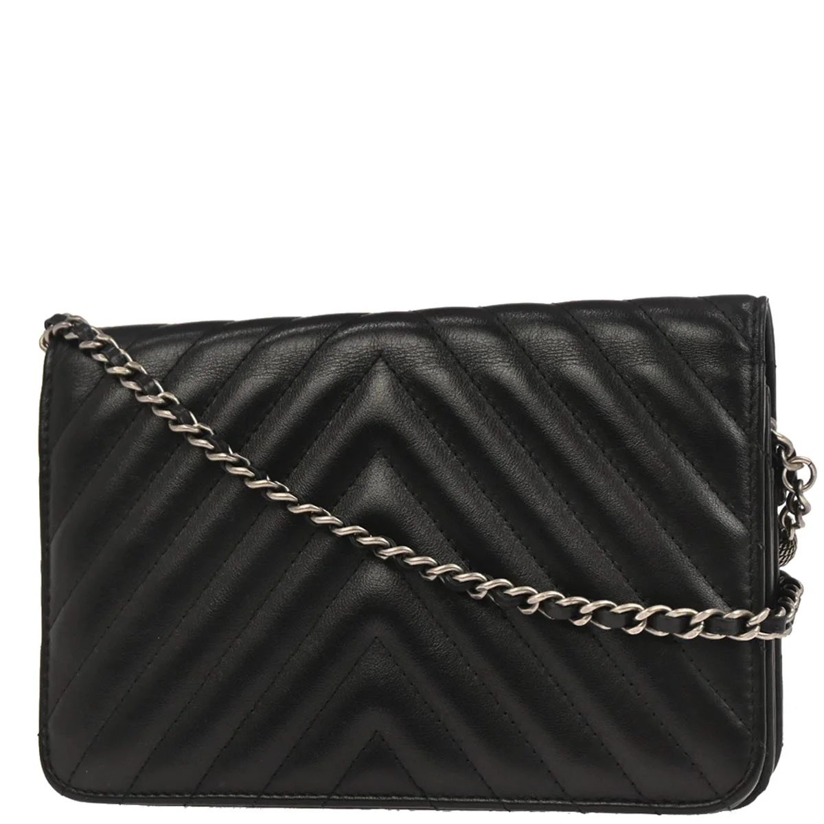 Chanel 2019 Black Lambskin Chevron Tassel WOC Wallet on Chain Shoulder Bag - Image 2