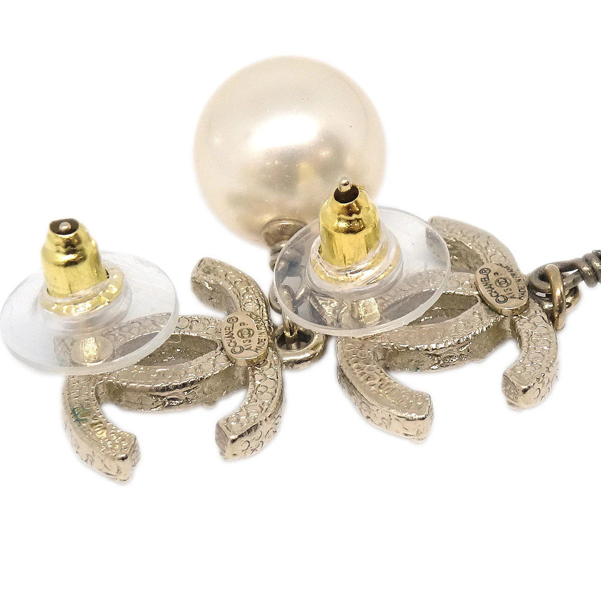 Chanel Dangle CC Pierced Earrings Gold Rhinestone Artificial Pearl A13P - Image 3