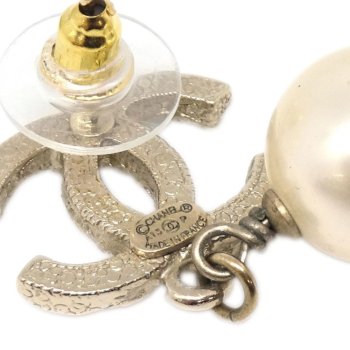 Chanel Dangle CC Pierced Earrings Gold Rhinestone Artificial Pearl A13P - Image 4
