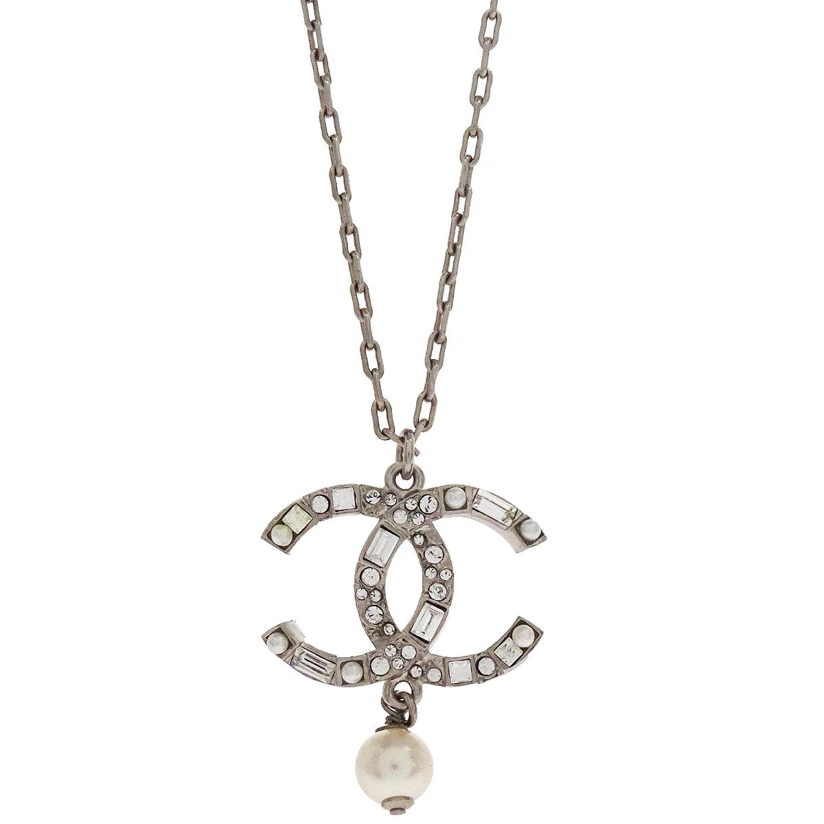 Chanel CC Chain Necklace Pendant Silver Costume Pearl Rhinestone 12A