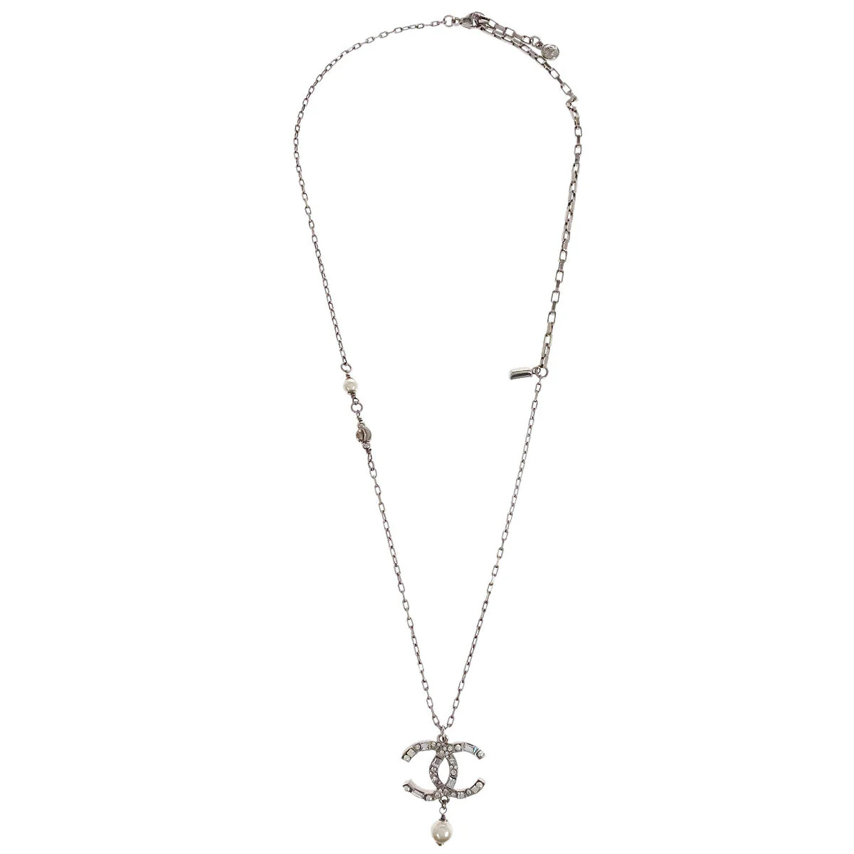 Chanel CC Chain Necklace Pendant Silver Costume Pearl Rhinestone 12A - Image 2