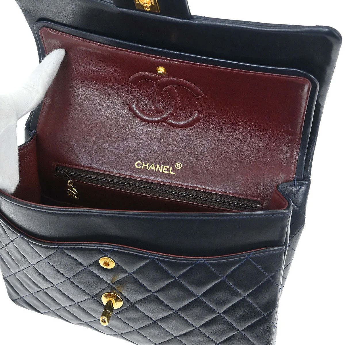 Chanel Navy Lambskin Double Flap Medium Shoulder Bag - Image 8