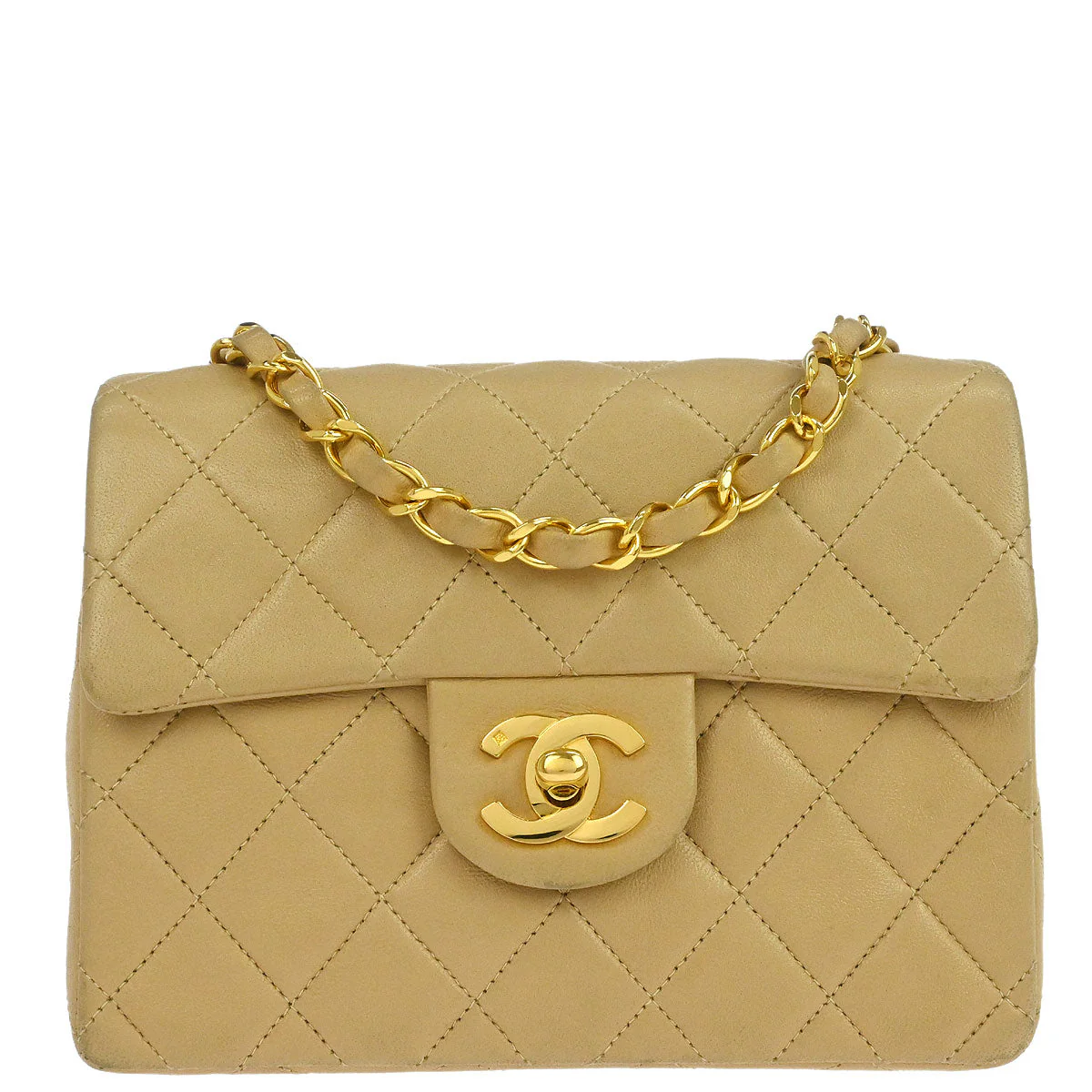 Chanel 1991-1994 Beige Lambskin Mini Classic Square Flap Shoulder Bag 17